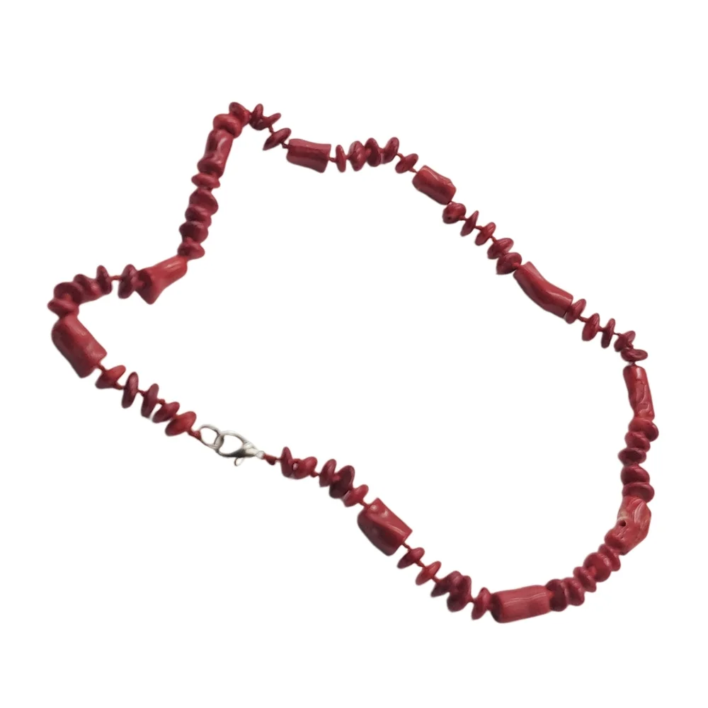 Red Coral Chip & Barrel Bead Necklace – 20